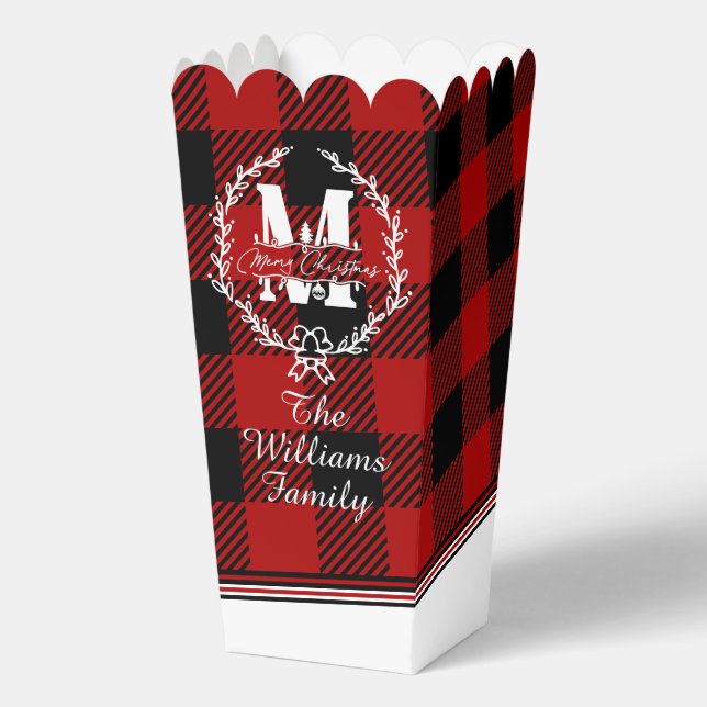 Merry Christmas Monogram Wreath Buffalo Check Favour Box (Front)
