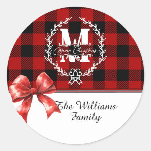 Merry Christmas Monogram Wreath Buffalo Plaid Classic Round Sticker
