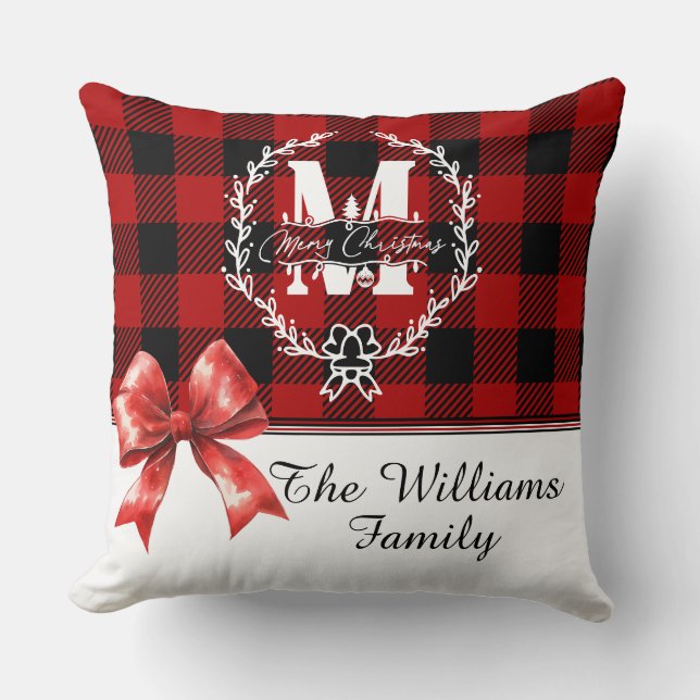 Merry Christmas Monogram Wreath Buffalo Plaid Cushion (Front)