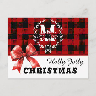 Merry Christmas Monogram Wreath Buffalo Plaid Holiday Postcard
