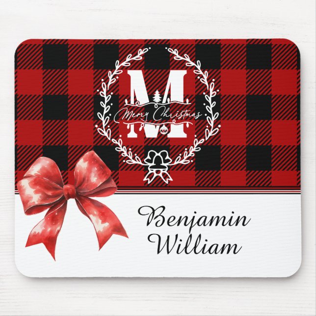 Merry Christmas Monogram Wreath Buffalo Plaid Mouse Pad (Front)