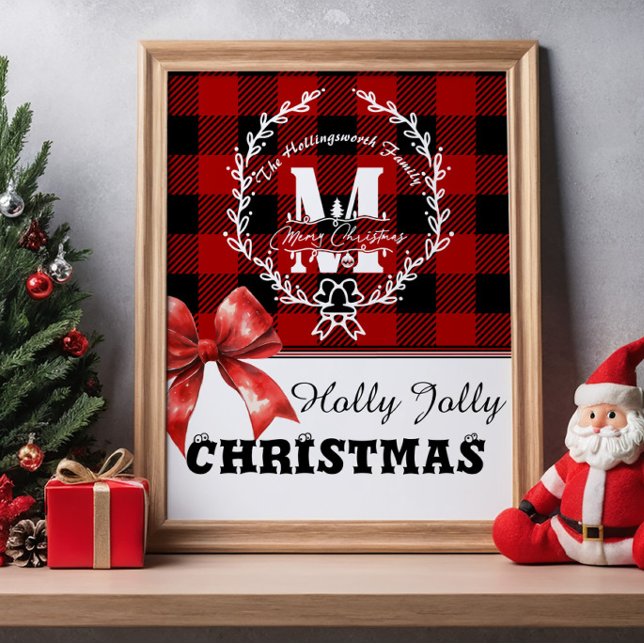 Merry Christmas Monogram Wreath Buffalo Plaid Poster (Creator Uploaded)