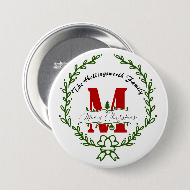 Merry Christmas Monogram Wreath Button (Front & Back)