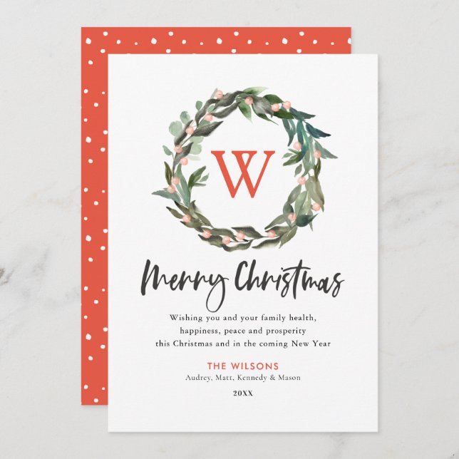 Merry Christmas Monogram Wreath Holiday Card (Front/Back)