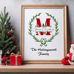 Merry Christmas Monogram Wreath Personalise Poster