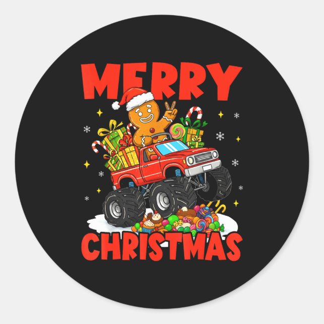 Merry Christmas Monster Truck Funny Gingerbread Me Classic Round Sticker (Front)