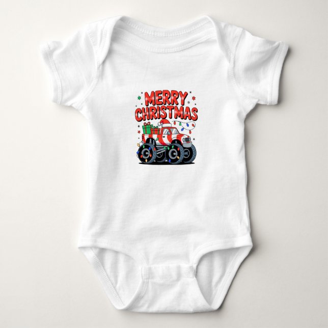 Merry Christmas Monster Truck Lights Presents Baby Bodysuit (Front)