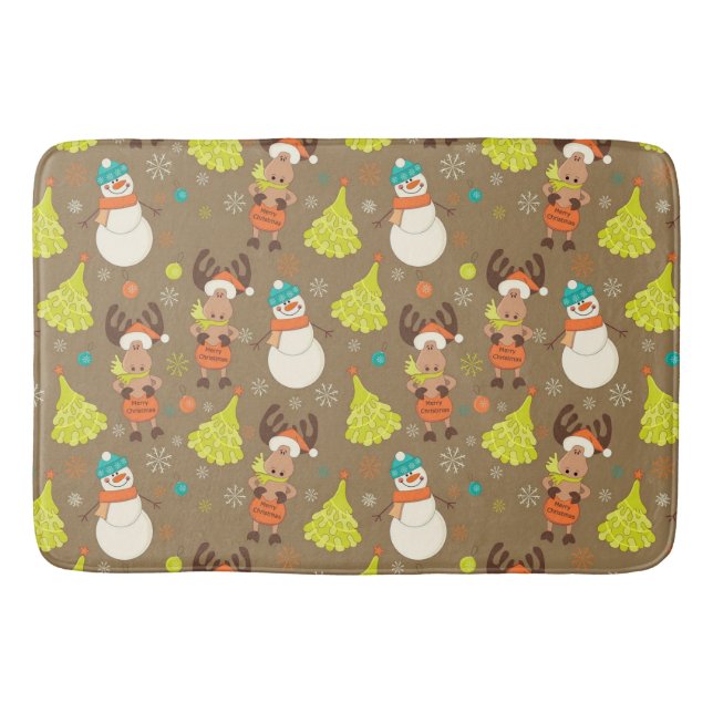 Merry Christmas Moose And Snowman Bath Mat (Front)