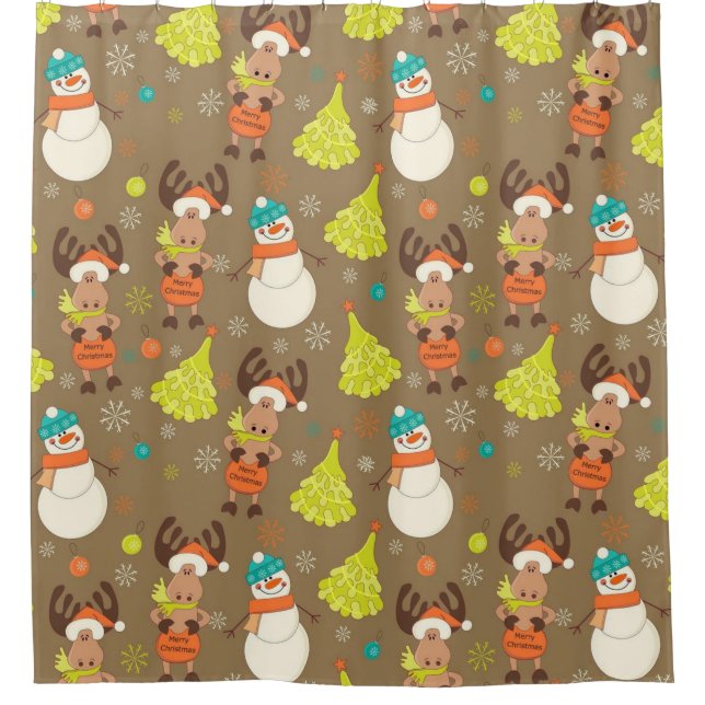 Merry Christmas Moose And Snowman Shower Curtain (Front)