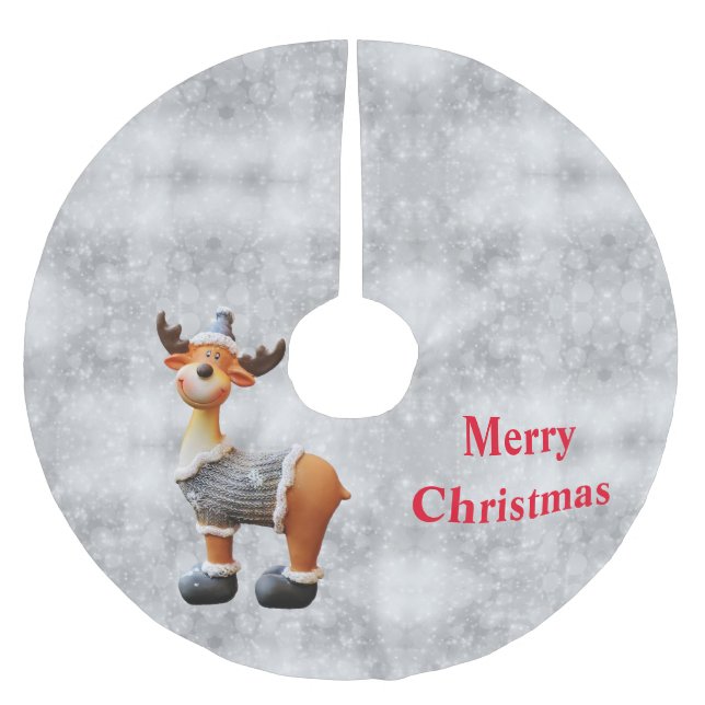 Merry Christmas moose wearing a hat            Brushed Polyester Tree Skirt (Front)
