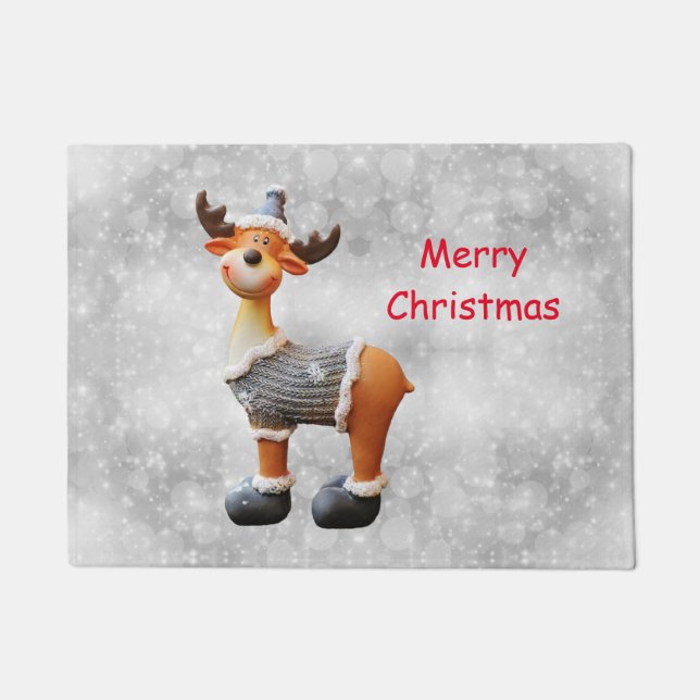 Merry Christmas moose wearing a hat     Doormat (Front)