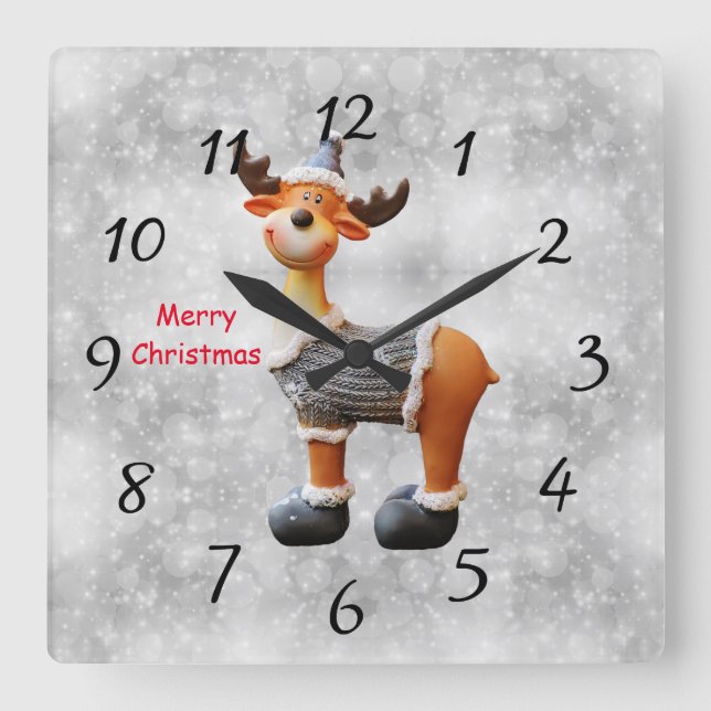 Merry Christmas moose wearing a hat      Square Wall Clock (Front)