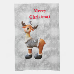 Merry Christmas moose wearing a hat           Tea Towel