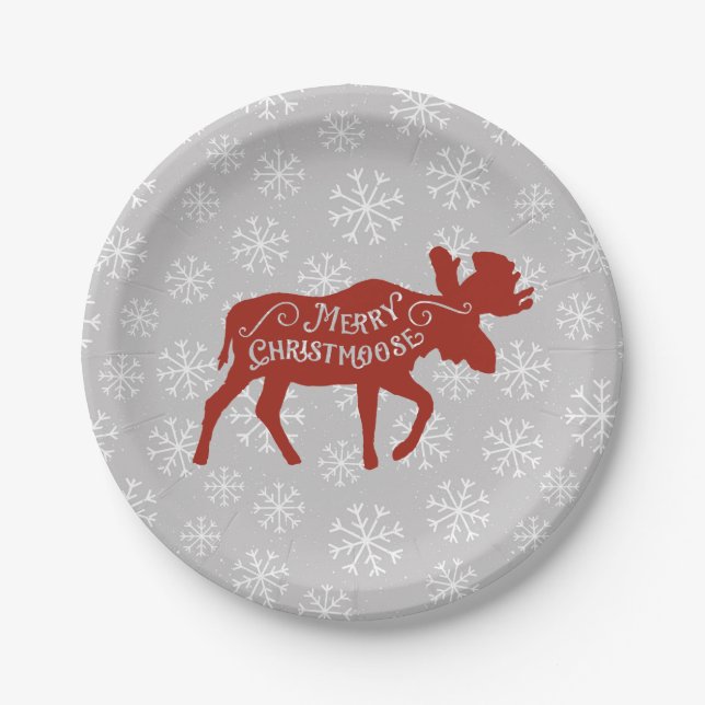 Merry Christmas Moose with Snowflakes Paper Plate (Front)
