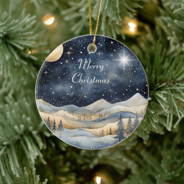 Merry Christmas Mountain Sky Star Family Name  Ceramic Ornament (Tree)