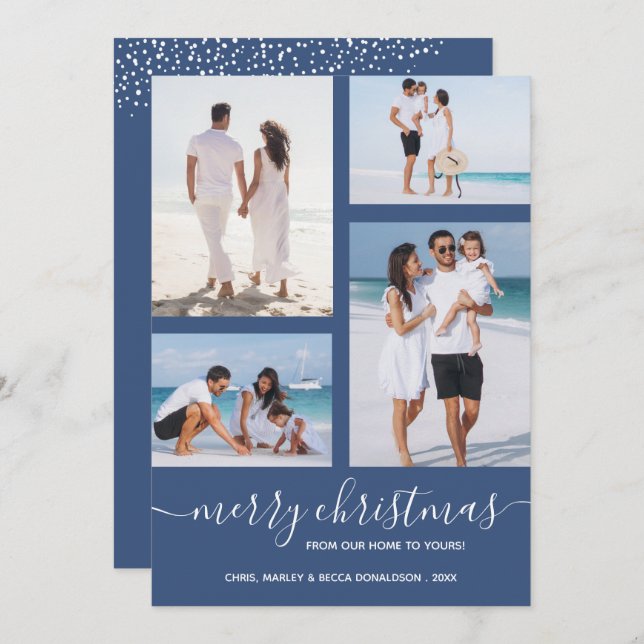 Merry Christmas Multi Photo Blue Holiday Card (Front/Back)