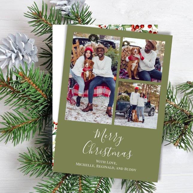 Merry Christmas Multi Photo Botanical Red Holly Holiday Card (Celebrate the Holidays in style with watercolor greenery and bold solid dark green. )