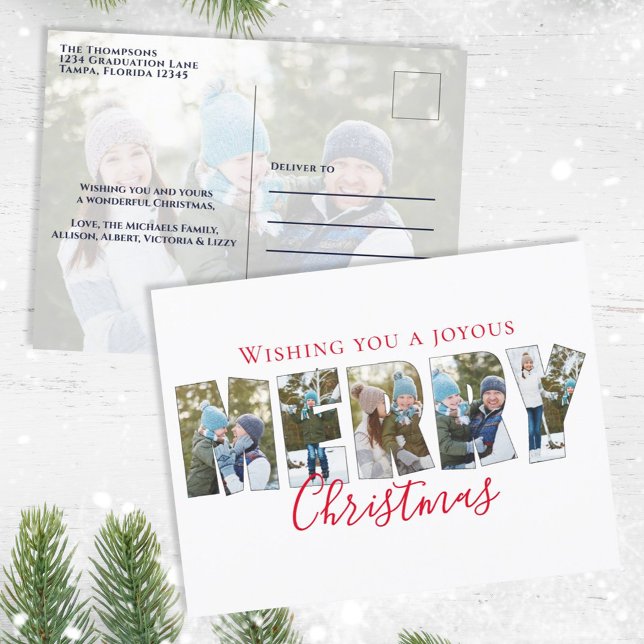 Merry Christmas Multi Photo Collage Typography Holiday Postcard (Creator Uploaded)