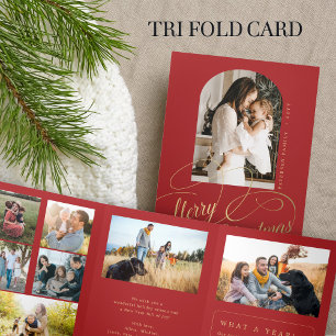 Merry Christmas multi photo family year in review  Tri-Fold Holiday Card