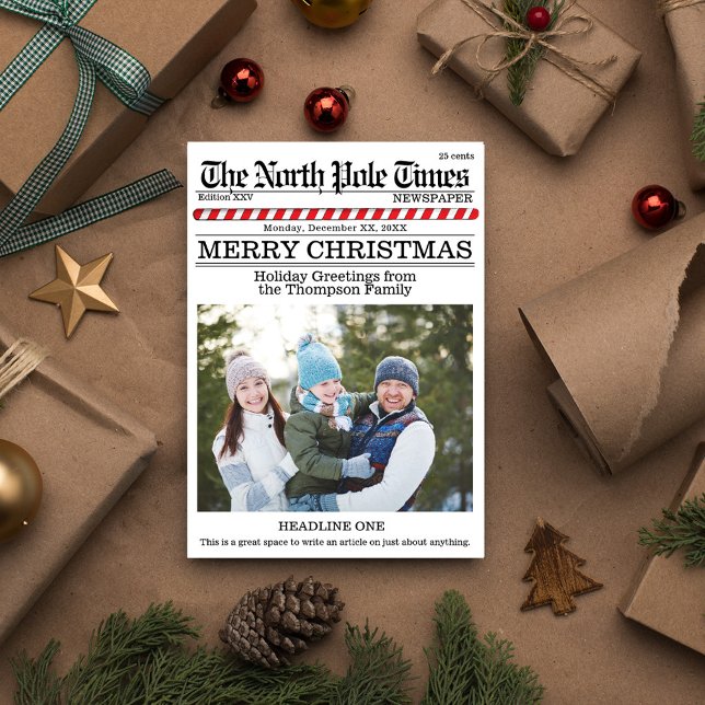 Merry Christmas Multi Photo Fun North Pole News Holiday Card (Christmas whimsical cute photo card with a fun Newspaper Style.)