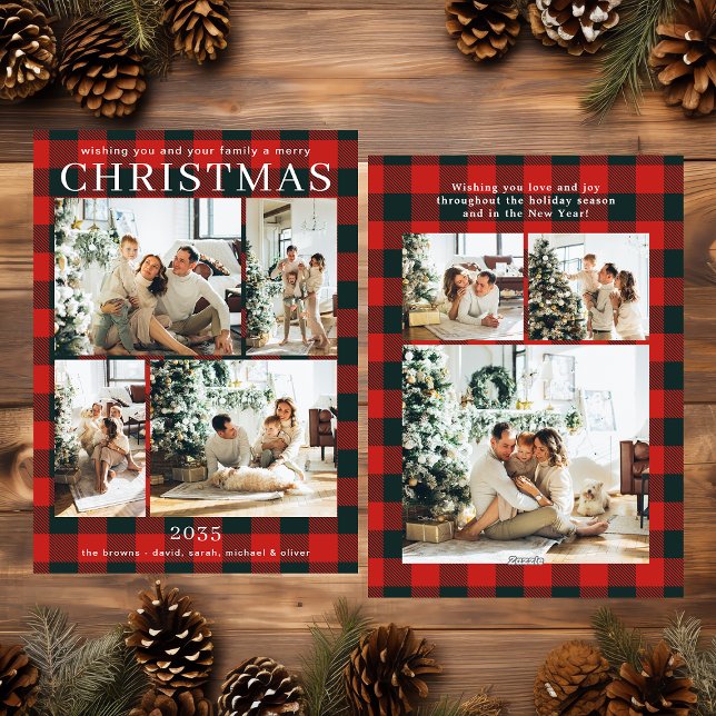 Merry Christmas Multi Photo Red Buffalo Plaid Holiday Card (Creator Uploaded)