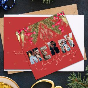 Merry Christmas Multi Photo Red Gold  Holiday Card