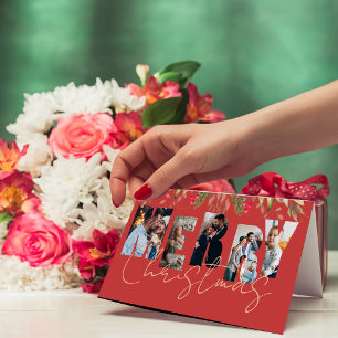 Merry Christmas Multi Photo Red Gold Holiday Card