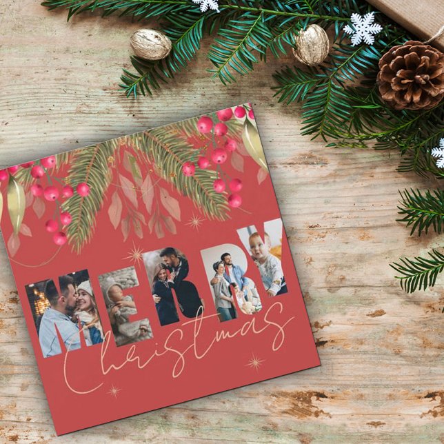 Merry Christmas Multi Photo Red Gold  Holiday Card (Creator Uploaded)
