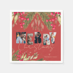 Merry Christmas Multi Photo Red Gold Holiday Party Napkin