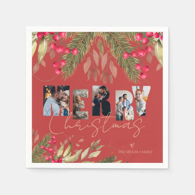 Merry Christmas Multi Photo Red Gold Holiday Party Napkin (Front)