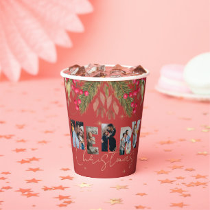 Merry Christmas Multi Photo Red Gold Holiday Party Paper Cups