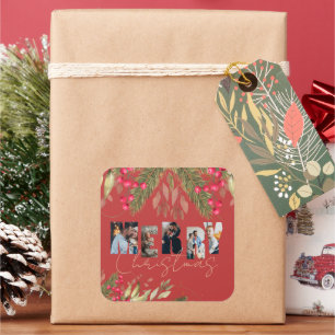 Merry Christmas Multi Photo Red Gold Holiday Party Square Sticker