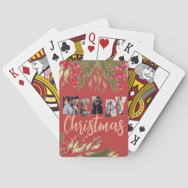 Merry Christmas Multi Photo Red Gold Holiday Playing Cards (Back)