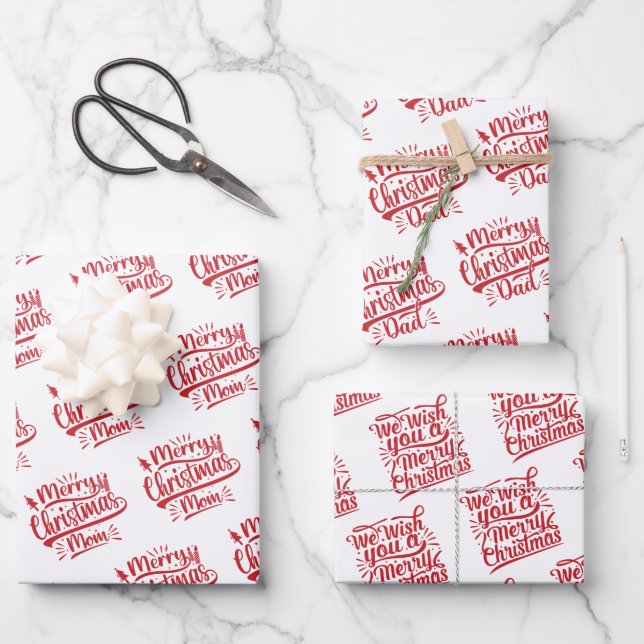 Merry Christmas Mum Dad Typography Family Holiday Wrapping Paper Sheet (Front)
