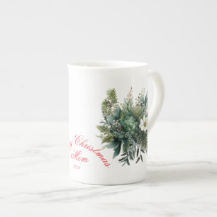 Merry Christmas Mum Green Floral Bone China Mug