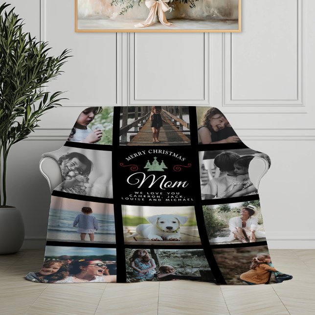 Merry Christmas Mum Modern Family Photo Collage Fleece Blanket (Creator Uploaded)