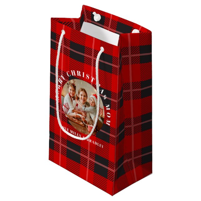 Merry Christmas Mum Red Plaid Personalised Photo Small Gift Bag (Front Angled)