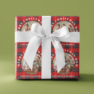 Merry Christmas Mum Red Plaid Personalised Photo Wrapping Paper