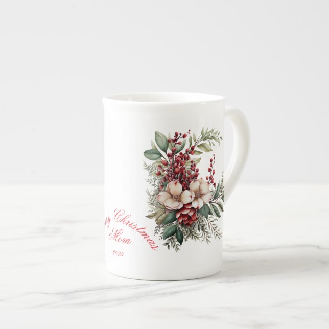 Merry Christmas Mum White Red Green Floral Bone China Mug (Front Right)