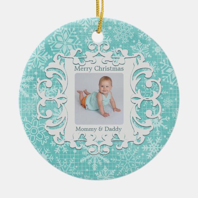 Merry Christmas Mummy and Daddy Custom Photo Ceramic Tree Decoration (Front)