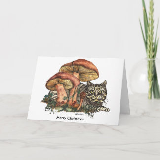 Merry Christmas Mushroom Cat Holiday Card