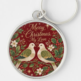 Merry Christmas My Love Turtle Doves Holly Key Ring