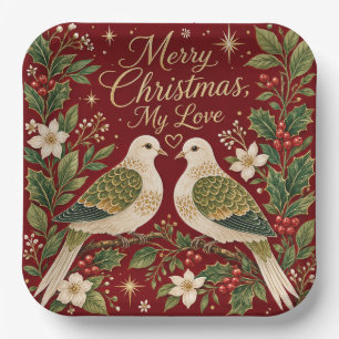 Merry Christmas My Love Turtle Doves Holly Paper Plate