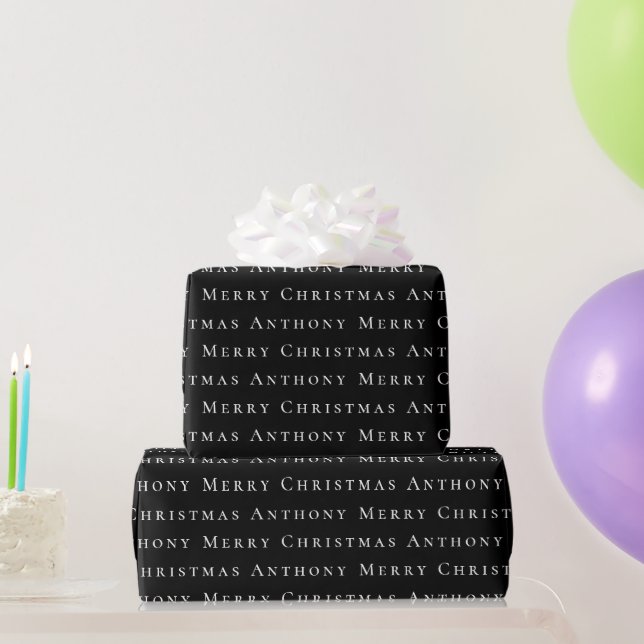 Merry Christmas Name Black White Simple Modern Wrapping Paper (Party Gifts)