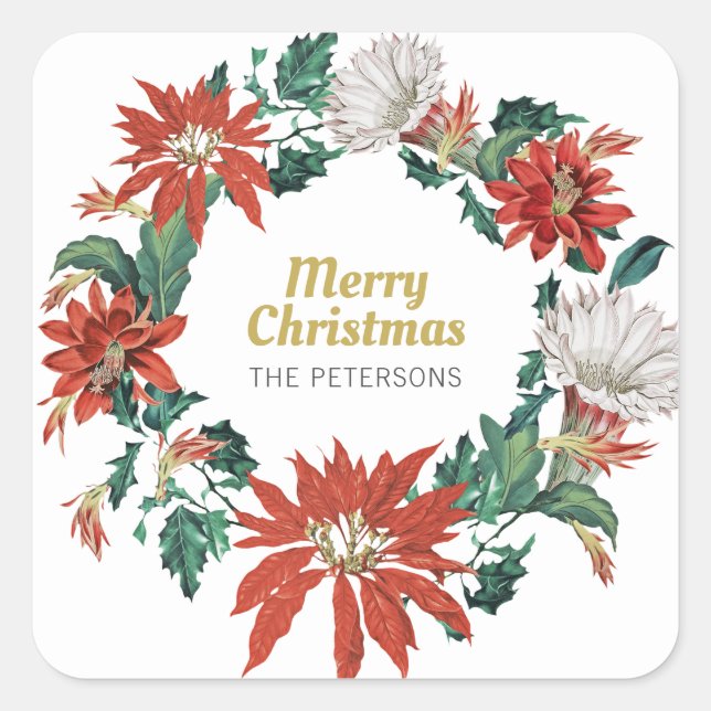 Merry Christmas Name Floral Poinsettia Wreath Square Sticker (Front)