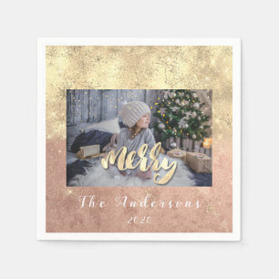 Merry Christmas Name Gold Glitter Photo Rose Stars Napkin