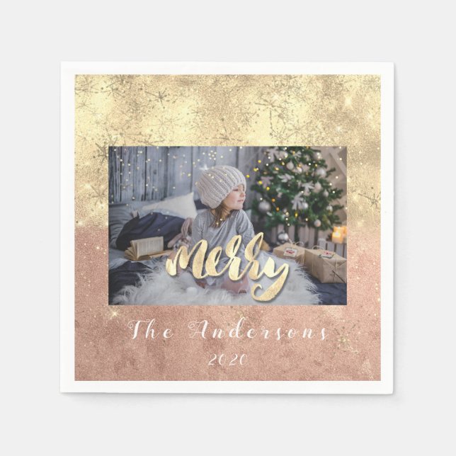Merry Christmas Name Gold Glitter Photo Rose Stars Napkin (Front)