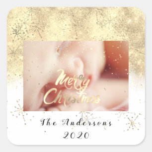 Merry Christmas Name Gold Stars Glitter Photo Whit Square Sticker
