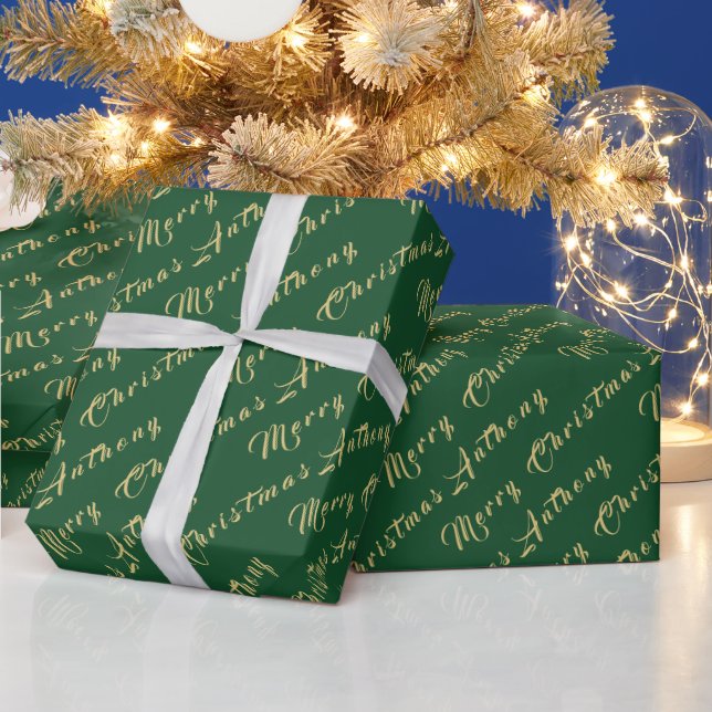 Merry Christmas Name Green Gold Simple Modern Wrapping Paper (Holidays)