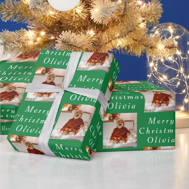 Merry Christmas Name Green White Photo Collage Wrapping Paper (Holidays)